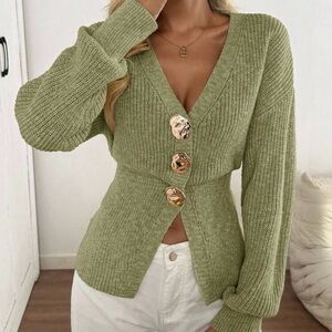 Olive Green V-Neck Button Cardigan Sweater